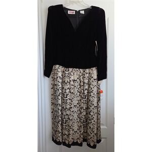 Maggy London 80s Black Velvet Long Sleeve Drop Waist Floral Silk Midi Dress S 10